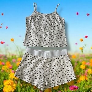 Just Polly Coquette Babydoll Cotton Cami Short Pajama Set Ivory Red Roses